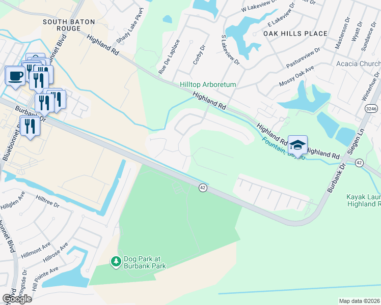 map of restaurants, bars, coffee shops, grocery stores, and more near 527 Grand Lakes Drive in Baton Rouge