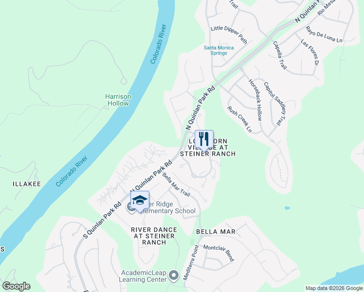 map of restaurants, bars, coffee shops, grocery stores, and more near 620 North Quinlan Park Road in Austin