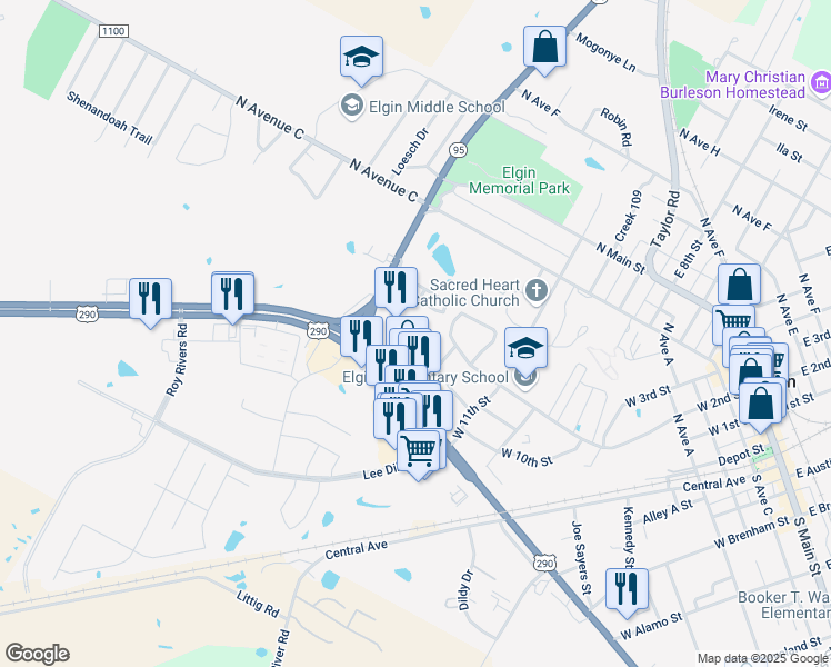 map of restaurants, bars, coffee shops, grocery stores, and more near 1213 U.S. 290 in Elgin