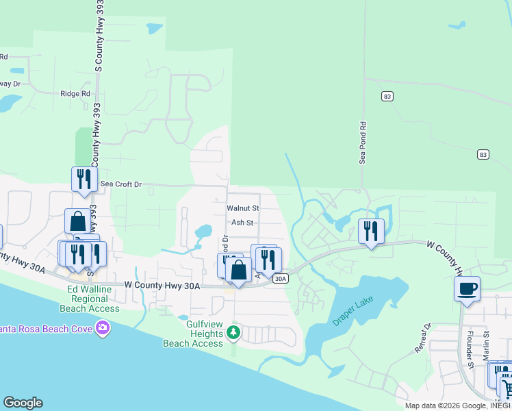 map of restaurants, bars, coffee shops, grocery stores, and more near 106 Walnut Street in Santa Rosa Beach