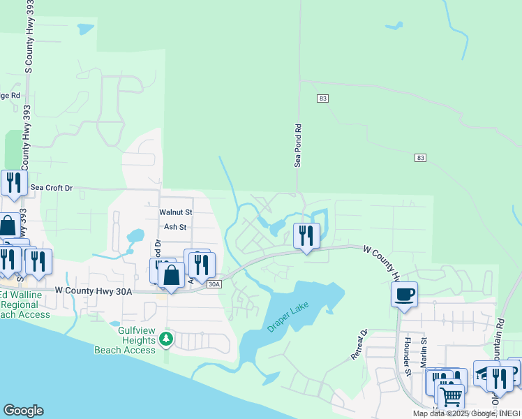 map of restaurants, bars, coffee shops, grocery stores, and more near 9 Nickajack North in Santa Rosa Beach