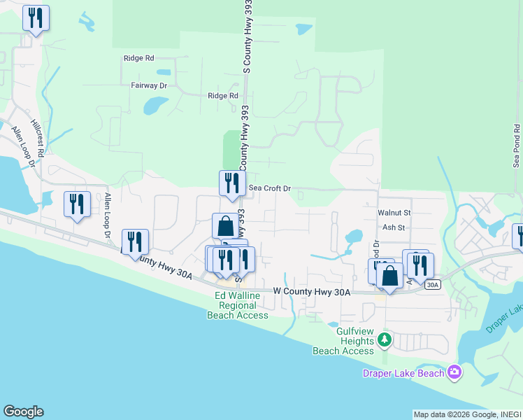 map of restaurants, bars, coffee shops, grocery stores, and more near 55 Louva Lane in Santa Rosa Beach