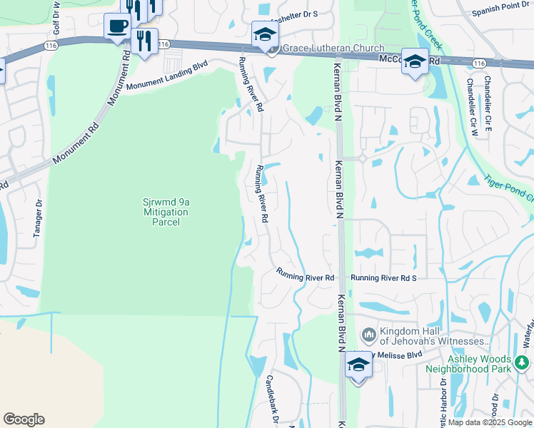 map of restaurants, bars, coffee shops, grocery stores, and more near 1415 Runningbrook Court in Jacksonville