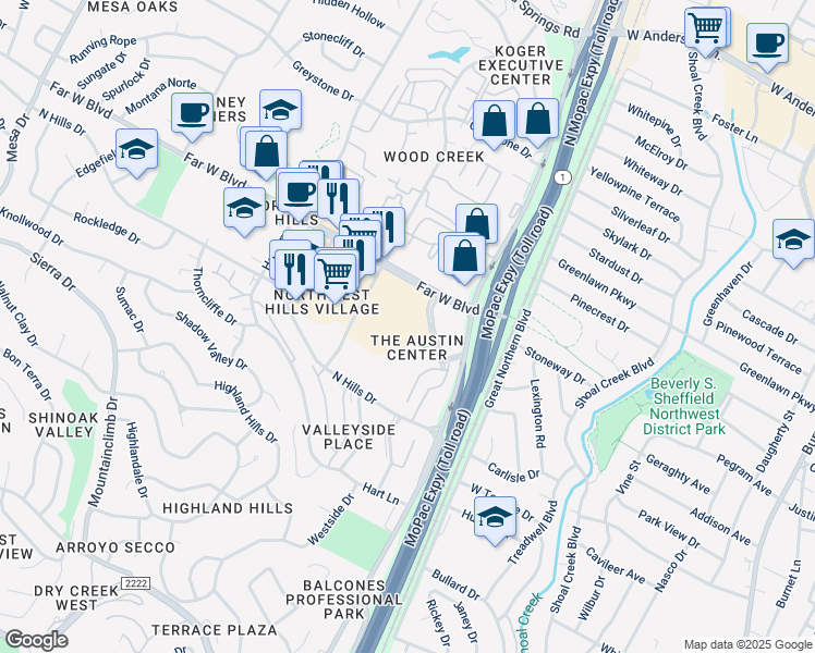 map of restaurants, bars, coffee shops, grocery stores, and more near 6836 Austin Center Boulevard in Austin