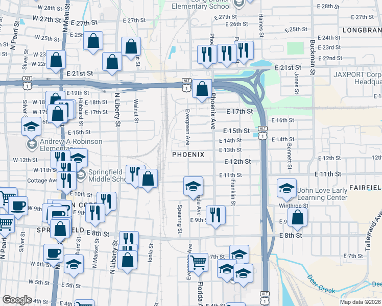 map of restaurants, bars, coffee shops, grocery stores, and more near 2216 Evergreen Avenue in Jacksonville