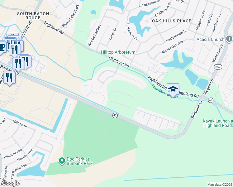 map of restaurants, bars, coffee shops, grocery stores, and more near 702 Grand Lakes Drive in Baton Rouge