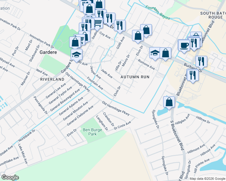 map of restaurants, bars, coffee shops, grocery stores, and more near 2012 Fountain Avenue in Baton Rouge