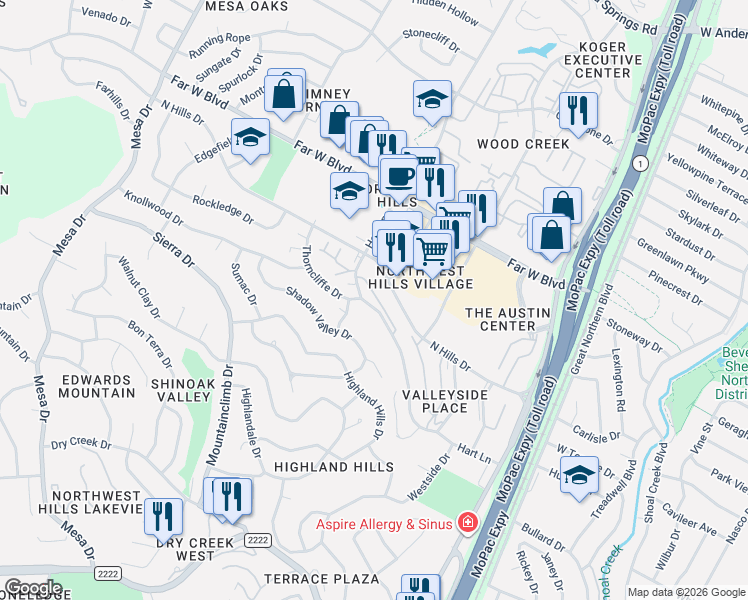 map of restaurants, bars, coffee shops, grocery stores, and more near 6800 Thorncliffe Drive in Austin