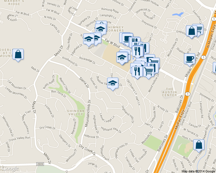 map of restaurants, bars, coffee shops, grocery stores, and more near 6400 Shadow Valley Drive in Austin