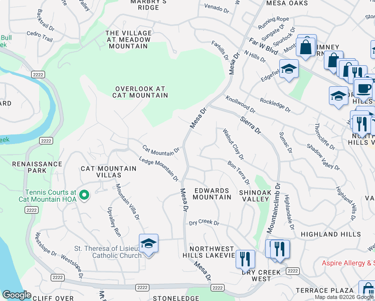 map of restaurants, bars, coffee shops, grocery stores, and more near 6311 Mesa Drive in Austin