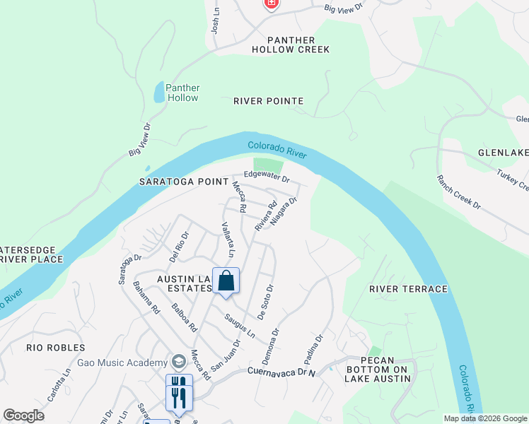 map of restaurants, bars, coffee shops, grocery stores, and more near 9802 Inca Lane in Austin