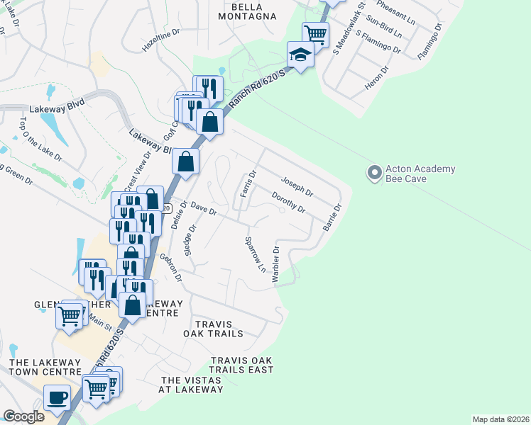 map of restaurants, bars, coffee shops, grocery stores, and more near 4 Sparrow Lane in Austin