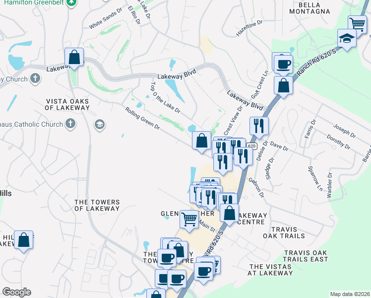 map of restaurants, bars, coffee shops, grocery stores, and more near 405 Rolling Green Drive in Lakeway