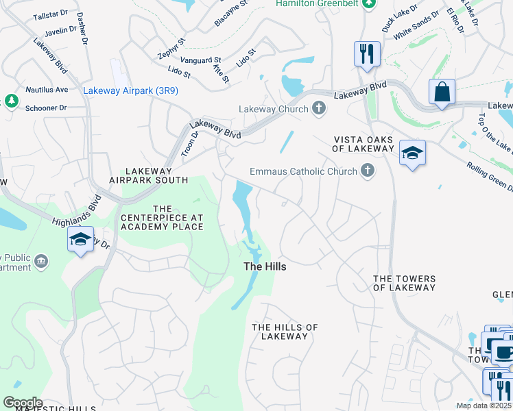 map of restaurants, bars, coffee shops, grocery stores, and more near 331 The Hills Drive in The Hills