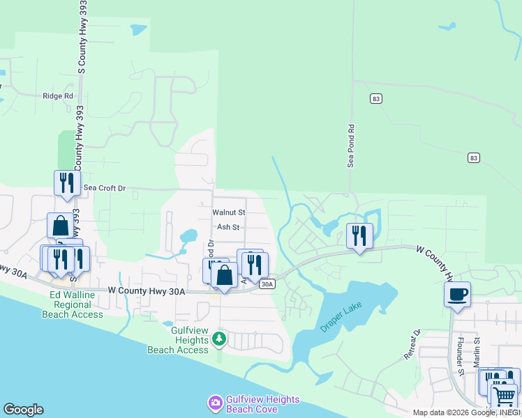 map of restaurants, bars, coffee shops, grocery stores, and more near 177 Walnut Street in Santa Rosa Beach