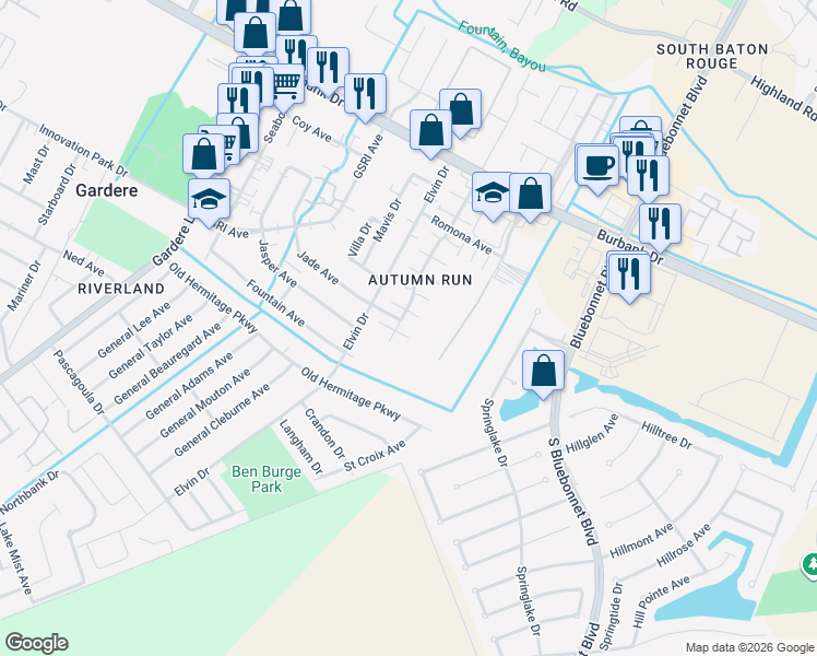 map of restaurants, bars, coffee shops, grocery stores, and more near 8712 Pecan Tree Drive in Baton Rouge
