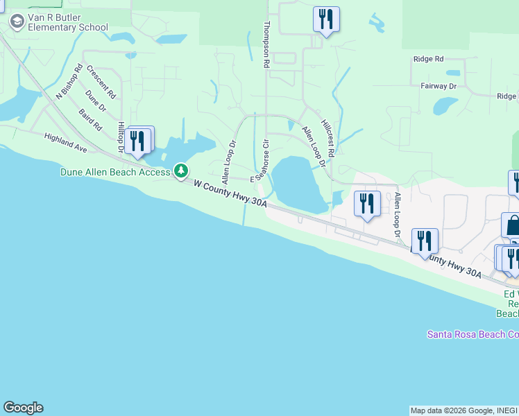 map of restaurants, bars, coffee shops, grocery stores, and more near 5483 County Road 30A in Santa Rosa Beach