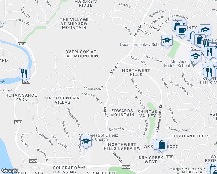 map of restaurants, bars, coffee shops, grocery stores, and more near 6311 Mesa Dr in Austin