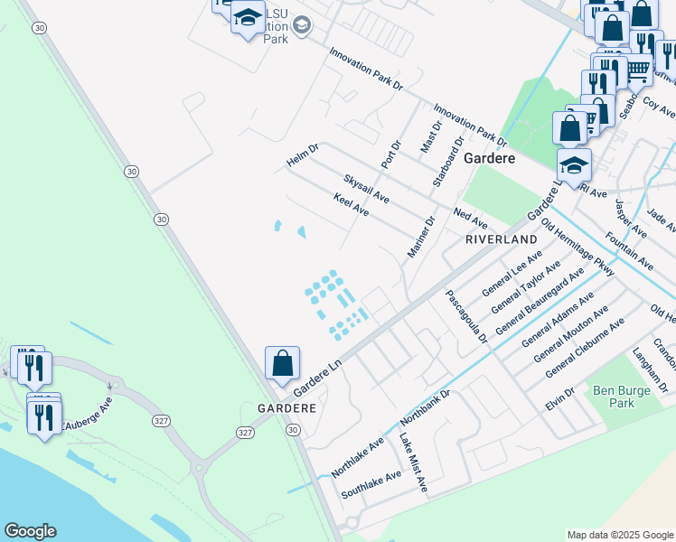 map of restaurants, bars, coffee shops, grocery stores, and more near 2850 Gardere Lane in Baton Rouge