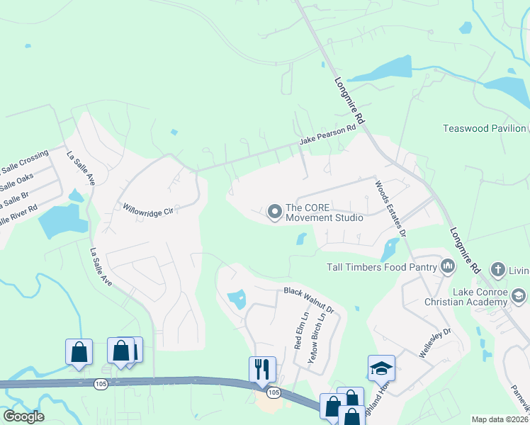 map of restaurants, bars, coffee shops, grocery stores, and more near 3575 Falcon Way in Conroe