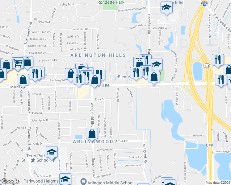 map of restaurants, bars, coffee shops, grocery stores, and more near 2776 Woolery Drive in Jacksonville