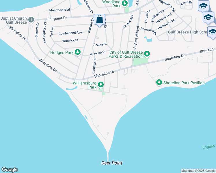 map of restaurants, bars, coffee shops, grocery stores, and more near 711 Southern Court in Gulf Breeze