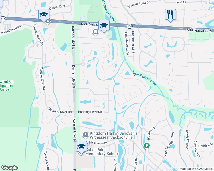map of restaurants, bars, coffee shops, grocery stores, and more near 1653 Rusty Rail Road in Jacksonville