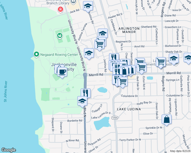 map of restaurants, bars, coffee shops, grocery stores, and more near 5645 Baywood Terrace in Jacksonville