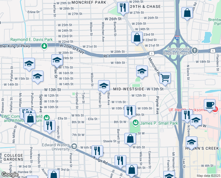 map of restaurants, bars, coffee shops, grocery stores, and more near 1424 West 13th Street in Jacksonville