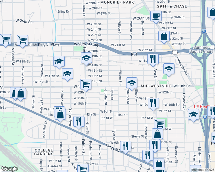 map of restaurants, bars, coffee shops, grocery stores, and more near 2228 Tyler Street in Jacksonville