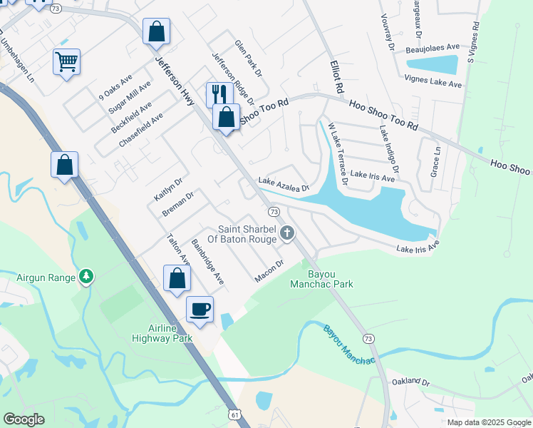map of restaurants, bars, coffee shops, grocery stores, and more near 11341 Blanton Avenue in Baton Rouge