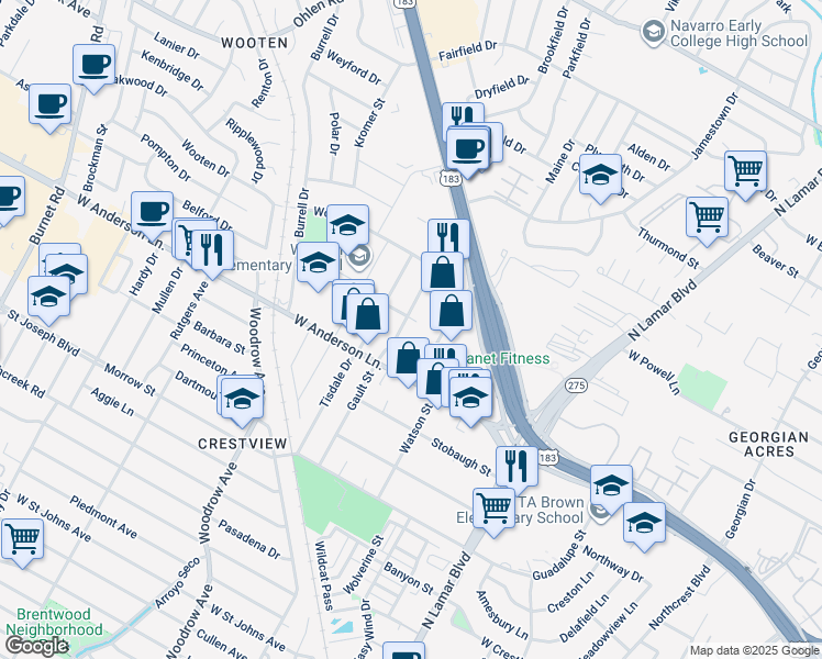 map of restaurants, bars, coffee shops, grocery stores, and more near 7927 Gault Street in Austin