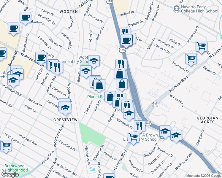map of restaurants, bars, coffee shops, grocery stores, and more near 7927 Gault Street in Austin