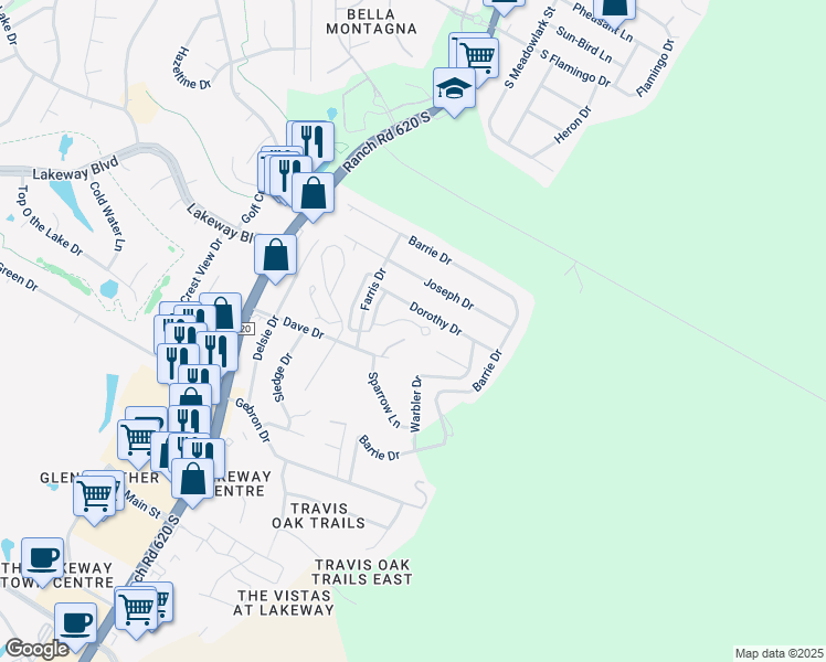 map of restaurants, bars, coffee shops, grocery stores, and more near 33 Green Terrace Cove in Lakeway