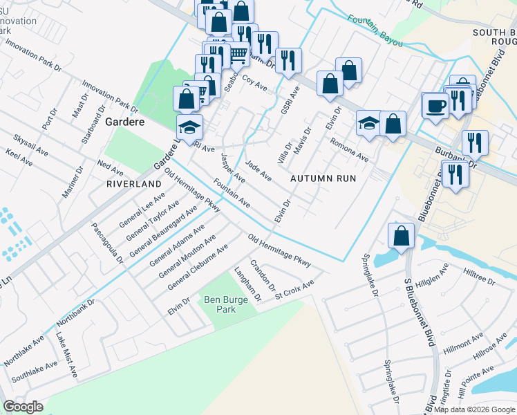 map of restaurants, bars, coffee shops, grocery stores, and more near 1967 Fountain Avenue in Baton Rouge