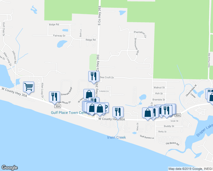 map of restaurants, bars, coffee shops, grocery stores, and more near 47 Emma Huggins Lane in Santa Rosa Beach