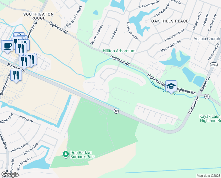 map of restaurants, bars, coffee shops, grocery stores, and more near 527 Grand Lakes Drive in Baton Rouge