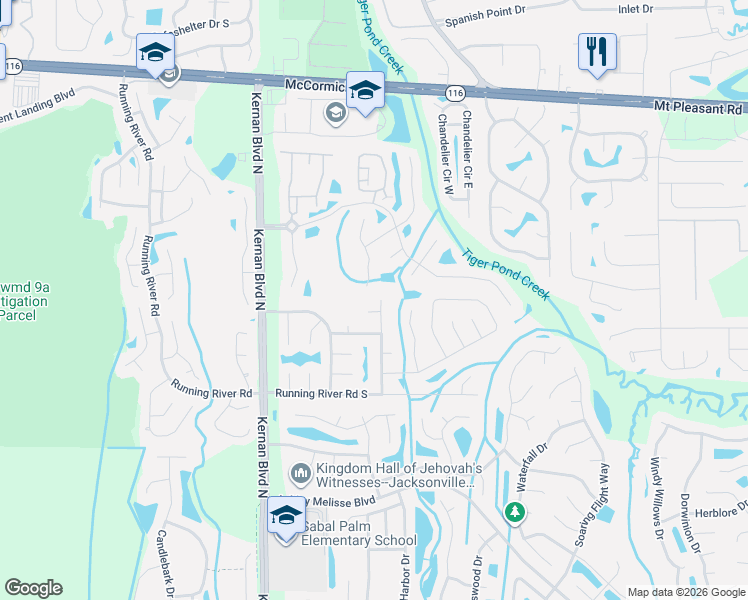 map of restaurants, bars, coffee shops, grocery stores, and more near 1653 Rusty Rail Road in Jacksonville