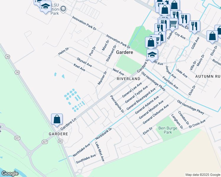 map of restaurants, bars, coffee shops, grocery stores, and more near 2316 Gardere Lane in Baton Rouge