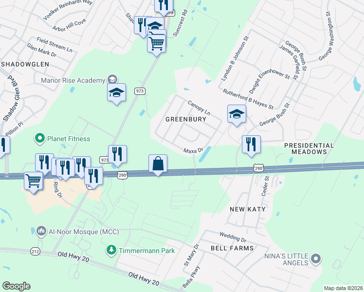 map of restaurants, bars, coffee shops, grocery stores, and more near 18116 Maxa Drive in Manor