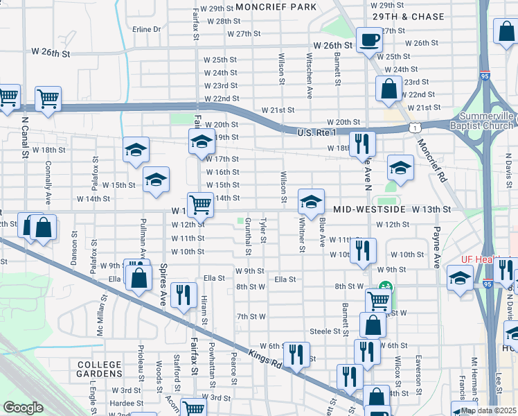 map of restaurants, bars, coffee shops, grocery stores, and more near 2228 Tyler Street in Jacksonville
