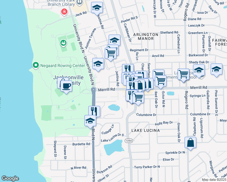 map of restaurants, bars, coffee shops, grocery stores, and more near 5752 Merrill Road in Jacksonville