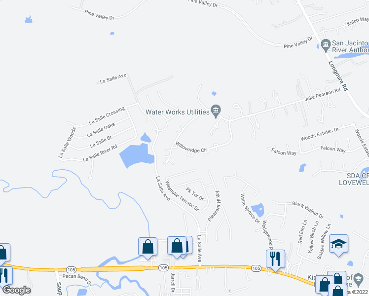 map of restaurants, bars, coffee shops, grocery stores, and more near 11624 Willowridge Circle in Conroe