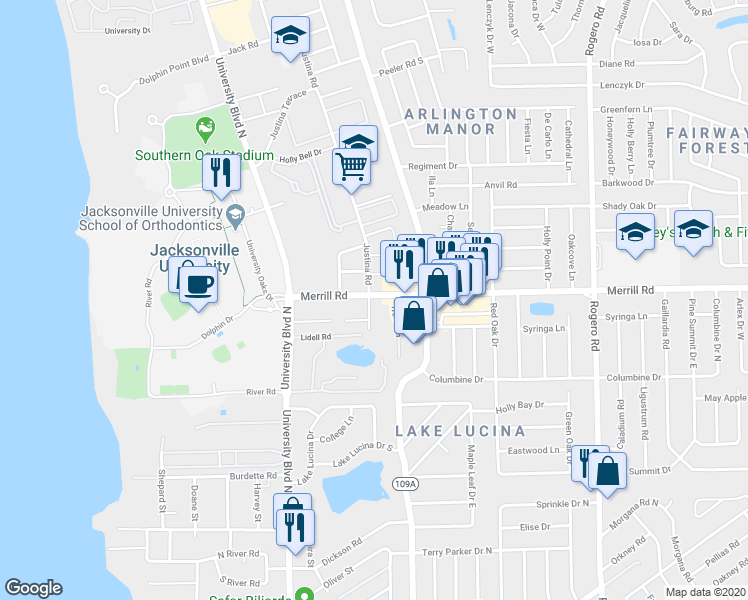 map of restaurants, bars, coffee shops, grocery stores, and more near 5814 Merrill Road in Jacksonville