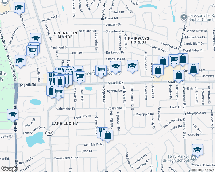 map of restaurants, bars, coffee shops, grocery stores, and more near 2713 Rogero Road in Jacksonville