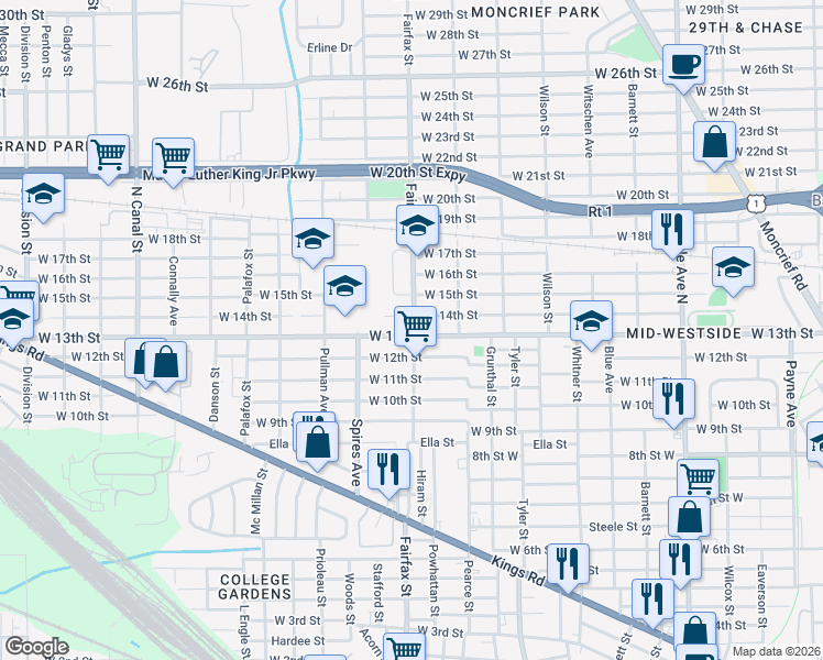 map of restaurants, bars, coffee shops, grocery stores, and more near 1822 West 13th Street in Jacksonville
