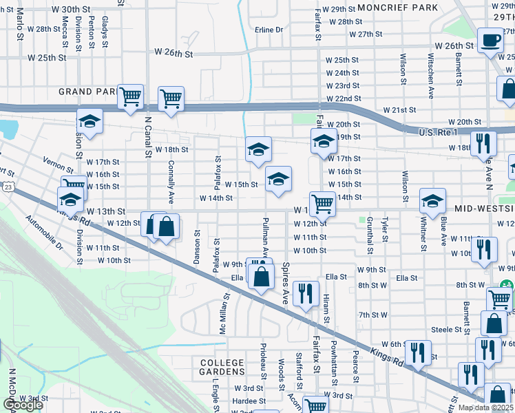 map of restaurants, bars, coffee shops, grocery stores, and more near 2214 Pullman Avenue in Jacksonville