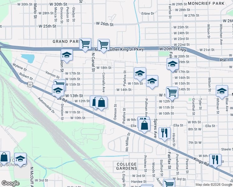 map of restaurants, bars, coffee shops, grocery stores, and more near 2220 Danson Street in Jacksonville