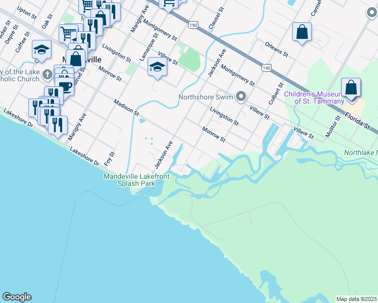 map of restaurants, bars, coffee shops, grocery stores, and more near 301 Atalin Street in Mandeville