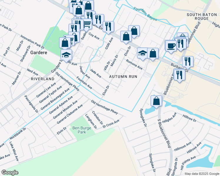 map of restaurants, bars, coffee shops, grocery stores, and more near 1429 Elvin Drive in Baton Rouge